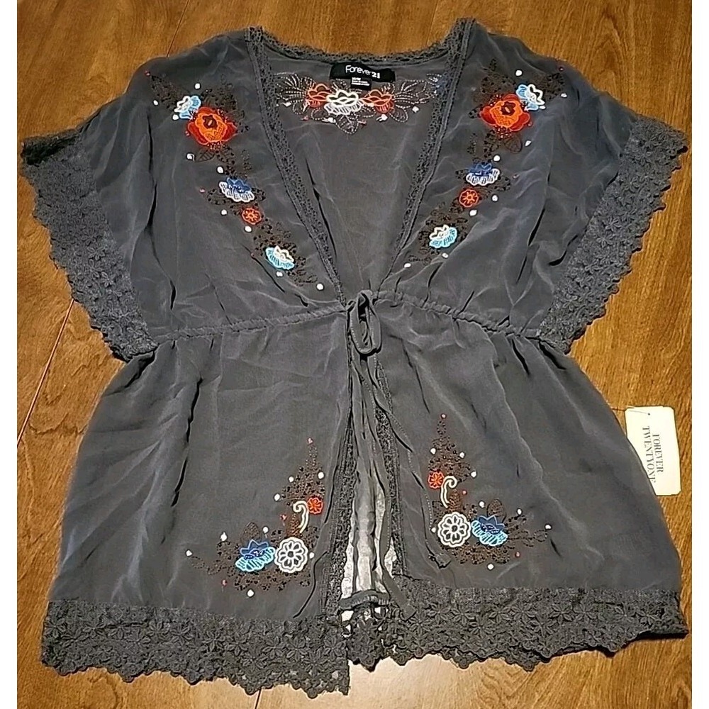 Forever 21 NWT Baby Doll Tie Front Floral Sheer Cardigan Style Size Med‎
